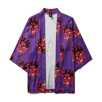 #7051 Streetwear Diavolul Tipărite Kimono Jacheta Barbati Vara Harajuku Liber Hawaiian Beach Violet Roz Vrac Suncreen Kimono Pelerine