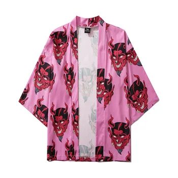 #7051 Streetwear Diavolul Tipărite Kimono Jacheta Barbati Vara Harajuku Liber Hawaiian Beach Violet Roz Vrac Suncreen Kimono Pelerine