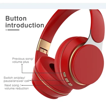 Roșu T7 Bluetooth 5.0 Căști fără Fir, Căști Pliabile Stereo Reglabil Căști Cu Microfon pentru telefon Xiaomi, Huawei Pc TV