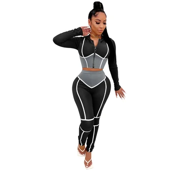 RStylish Sportwear Mozaic Femei Seturi Complet Maneca cu Fermoar de Sus Jogger Pantaloni Costum de Trening Fitness 2 Bucata Costum Set de Potrivire