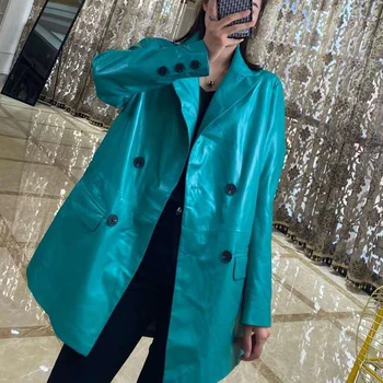 Femei haină de primăvară și de toamnă 2020 new sosire straturi solide de culoare verde Malachit real skeepskin jachete guler de turn-down