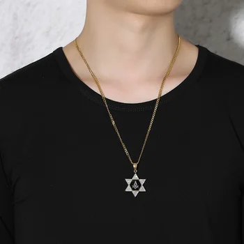 Barbati Femei din Oțel Inoxidabil Hexagrama Șase colțuri Evrei cu Steaua lui David cu Simbol Masonic Pandantiv Colier Aur Negru