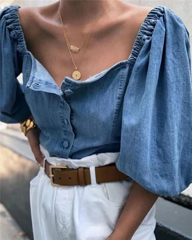 Femei Denim Bluza Vrac Felinar Vintage Maneca Pe Umăr Tricou Doamnelor Topuri de Moda Butonul de Sus de Haine Plus Size S-2XL