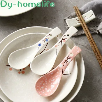 Ceramica Lingura Japoneză Roz porțelan Pictate manual Prune Tacamuri Supă și să Mănânce de uz Casnic de bunuri de Bucatarie, Vesela