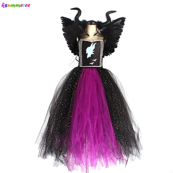 Fete de Halloween Întuneric Rău Vrăjitoare Zână Rochie de Costume Sclipitoare Copii Rochie Tutu cu Coarne și Aripi de Lux Negativ Cosplay Dress