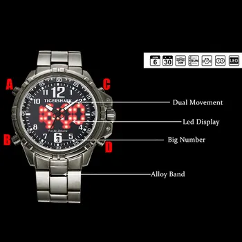 TIGERSHARK Brand Barbati Ceas Dual Time Zone din Oțel Inoxidabil Curea ceas Cuarț Waterpoof Încheietura Ceas