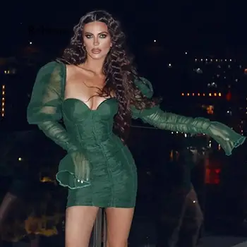 Noua Toamna Verde negru Rochie Mini pentru Femei V-Neck Maneca Lunga Sexy si Damele de Rochie Retro Bodycon Rochie de Petrecere Elegante Vestidos