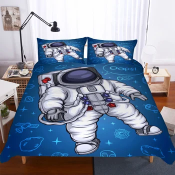 Space Travel Set De Lenjerie De Pat Astronaut Cuverturi De Pat Confortabil Carpetă Acopere Stabilit Băiat De Oameni Cu O Singură Dublă Cămin Plapuma Acoperă Pernă Alb Albastru