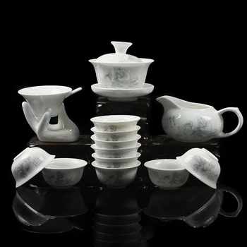 Bone China Ceramica Ceai Kung Fu Set Cadou de Relief Dragon de Porțelan 14pcs de Ceai Costum cu Gaiwan Cesti de Ceai W $