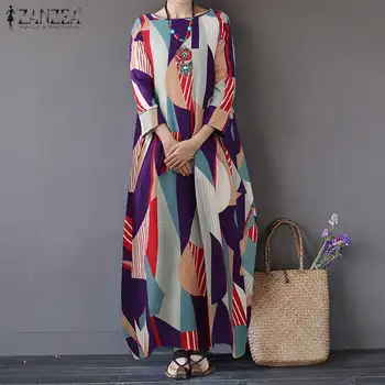 ZANZEA 2021 Moda de Vara Maxi Rochie Femei Imprimate Sundress Casual cu Maneci Lungi Florale Vestidos de sex Feminin O de Gât Haina Plus Dimensiune