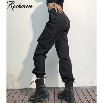Rockmore Gotic Cu Lambriuri Femei Pantaloni Cargo Cu Buzunare Largi Picior Joggeri De Dans Hip-Hop Pantaloni Femme Negru De Talie Mare Pantaloni