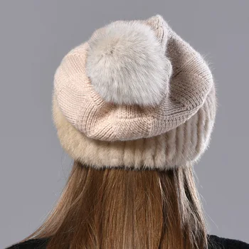 Fox Pompom Blană de Nurcă Palarie Toamna Iarna Cald Real Pălării de Blană pentru Femei Tricotate Beanie Capace Elegante, Feminine Grils Moda Pufos Pălării