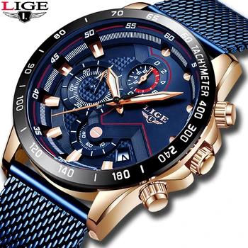 2019 Noi LIGE Albastru Casual Centura de Plasă de Moda Cuarț Ceas de Aur Mens Ceasuri de Top de Brand de Lux Impermeabil Ceas Relogio Masculino