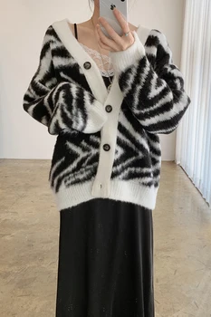 SHENGPALAE 2021 Toamna Femei-coreean Chic Alb Și Negru Zebra V-neck Singur Pieptul Cald Mohair Knit Cardigan Pulover 5A315