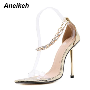 Aneikeh Vara PVC Sandale Femei Sexy Metal Lanț de elemente d a Subliniat Toe Șir de Mărgele Stilet Tocuri de Cristal Petrecere Pantofi NOI 2020