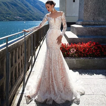 2020 Vestido de Casamento de Lux Rochie de Mireasa Sirena cu Maneci Lungi Sexy Vestido de Noiva Sereia Vedea Prin Spate cu Plasmă Sposa