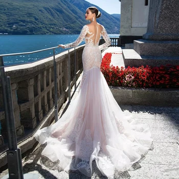 2020 Vestido de Casamento de Lux Rochie de Mireasa Sirena cu Maneci Lungi Sexy Vestido de Noiva Sereia Vedea Prin Spate cu Plasmă Sposa