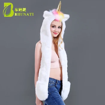 2018 Crăciun, Halloween 3D Animal Hanorace Pălării de Iarnă Cald, Pufos și Moale Faux Blana Capac Eșarfă 3 în 1 Adult Unicorn Pălărie