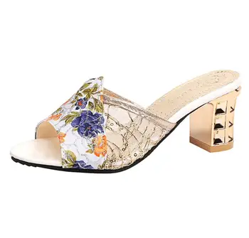 2019 Vara Femeie papuci de Aur Open Toe Sandal Rochie de Dantelă Pantofi Femei Tocuri flip flops Pătrat Pompe cu Toc Doamnelor Pantofi