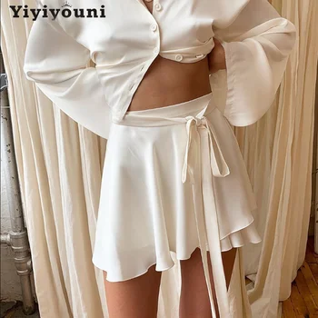 Yiyiyouni Vara Dantelă-Up Satin Alb, Fusta Femei Talie Înaltă De Mătase Volane Rochie Mini Femei Casual Cutat Șifon Fusta Feminin