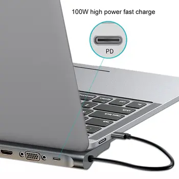 11 in 1 USB C HUB pentru USB3.0 TF SD reader compatibil HDMI VGA, RJ45 3.5 audio Mini DP Andocare pentru MacBook Pro USB-C Tip C HUB