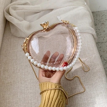Transparent în formă de Inimă Pearl Tote sac 2020 Vara Noi de Calitate din PVC Geantă de mână pentru Femei Diamond Blocare Lanț de Umăr Geanta Messenger