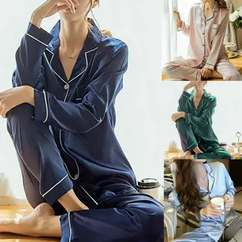De Vânzare La Cald De Primavara Toamna Femei Pijama Set Pijamale Femei Top + Pantaloni De Pijama Satin Moale De Mătase Sexy Sleepwear Homewear Body