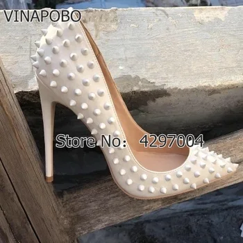 VINAPOBO a Subliniat Toe Tocuri Subtiri de Mare Sexy Alb Nituri Spike Femei Pantofi de Partid Moda Clasică Știfturi Doamna Petrecere Pantofi de Nunta