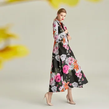 Fusta Lunga Trench Femei Florale Imprimare Dobby Pieptul Singur Stil Britanic Slim Elegant Munca Maxi Elegante Plus Dimensiune Trenci Ofițeresc