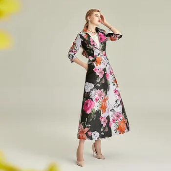 Fusta Lunga Trench Femei Florale Imprimare Dobby Pieptul Singur Stil Britanic Slim Elegant Munca Maxi Elegante Plus Dimensiune Trenci Ofițeresc