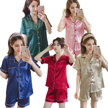 Femei Pijamale cu Maneci Scurte din Satin de Mătase Set de Pijama pentru Femei Plus Dimensiune Pijamale, îmbrăcăminte de noapte de Vară din Asia Dimensiune