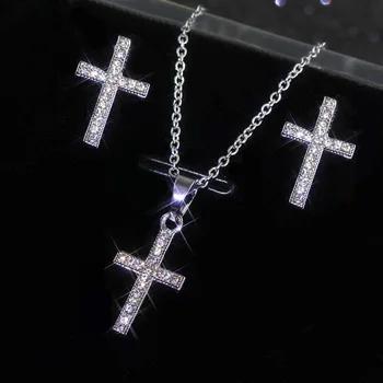 Rafinat Placat cu Argint Colier Pandantiv Cruce Cercei Zircon Alb Set de Bijuterii de Mireasă Femei Hip Hop iubitoare de Bijuterii Cadouri