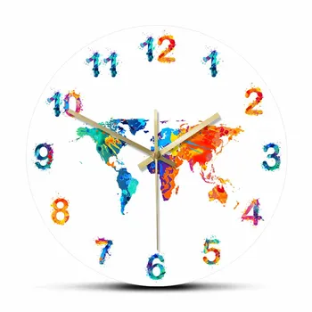 Harta lumii Acuarelă Decorative Ceas de Perete Tăcut Pământ Plat Minimalist Print Digital Art Agățat de Perete Ceas Cadou pentru Traveler