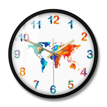 Harta lumii Acuarelă Decorative Ceas de Perete Tăcut Pământ Plat Minimalist Print Digital Art Agățat de Perete Ceas Cadou pentru Traveler
