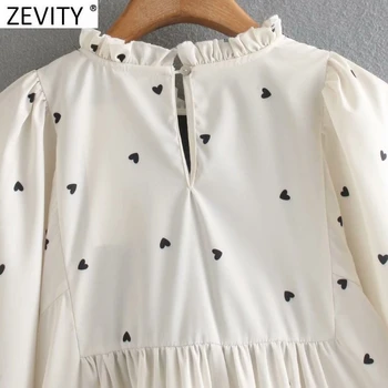 Zevity Femei Vintage din Catifea Neagra Mozaic Volane Casual Salopeta Bluza Office Lady Inimile Imprimare Tricouri Chic Blusas Topuri LS7431