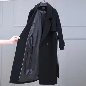 Femei de iarnă lână cașmir haina mare qualitykorean stil mult timp liber haină de lână neagră subțire cu mâneci lungi de lână, îmbrăcăminte exterioară