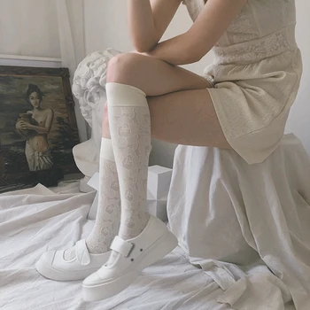 Licitație franceză Retro Ciorapi Brodate Ascunse Rose pentru Femei Șosete Lungi Dantelă Flori de Vițel de Lapte Alb Șosete Șosete Vițel
