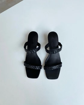 Uscat pantofi de vara pentru femei sandale anglia birou doamnă elegant, simplu țesute manual piele de vacă lână sandale cu toc pentru femei pantofi pentru femeie