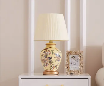 Floare chineză&bird ceramice Lămpi de Masă Clasic corp galben dimmer/atingere tesatura E27 LED lampa pentru noptiera&foaier&studio MF009-Noi