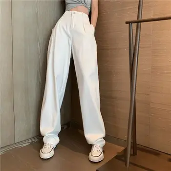 Femei albe Blugi Talie Mare Largi Picior Denim Îmbrăcăminte de Agrement Negru Streetwear Epocă Harajuku Toate-meci Full-lungime Pantaloni