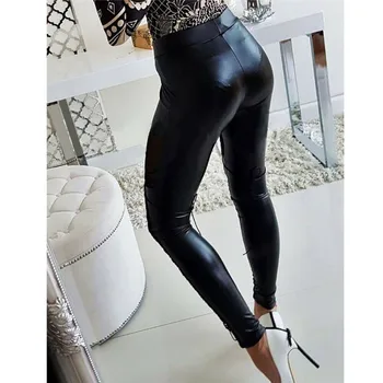 Moda pentru Femei Lungime Completă Bandaj Dantela Jambiere Elegante, pantaloni Negri din Piele PU Slab Bodycon înaltă talie pantaloni Streetwear