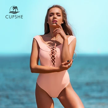 CUPSHE Roz Dantela-Up-O Bucată de costume de Baie Femei Solide de Costume de baie Monokini 2021 Fata Sexy de Plajă, Costume de Baie