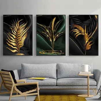 Frunze De Pictura De Aur De Perete De Arta Canvas Printuri De Artă Modernă Postere Si Printuri Abstracte Pânză Neagră Imagini Living Decor