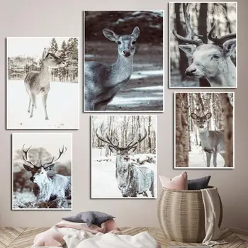 Cerb Pădure De Pin, Copac, Zăpadă Sens Iarna Arta De Perete Panza Pictura Nordică Postere Si Printuri Poze De Perete Pentru Living Decorul Camerei
