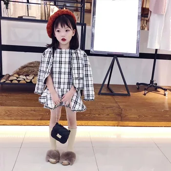 Moda Nou pentru Copii Fete de Îmbrăcăminte Seturi 2018 Toamna Fetita Carouri Jakcet Cardigan+fără mâneci Rochie de Seturi de Haine de ziua Recunostintei