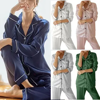Femei Doamnelor Satin de Mătase Pyjama Set de Lux Pijamale Pijamale Homewear PIJAMALE Moda Confortul Buna Solid Butonul de Sus Pantaloni