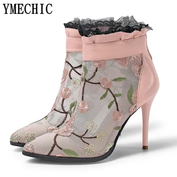 YMECHIC 2018 Vara Broderie de Flori Subțire Toc Glezna Cizme de Vara din Piele Plasă de Volane din Dantela Roz Negru Doamnelor Pantofi de Partid