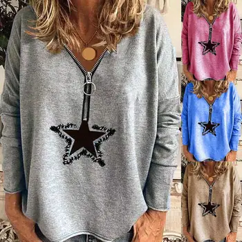 Hanorace de Toamna Iarna Star Print V Gâtului Fermoar Bluza Top cu Maneci Lungi Tricou Pulovere толстовка ropa de mujer 2020