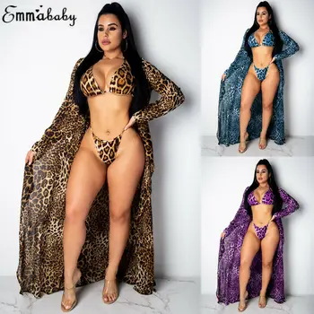 3pcs Femei Violet Leopard de Imprimare Set de Bikini de Costume de baie cu Maneci Lungi Kimono Cover-Up Cardigan de Plaja Rochie de Baie, costume de Baie, Seturi