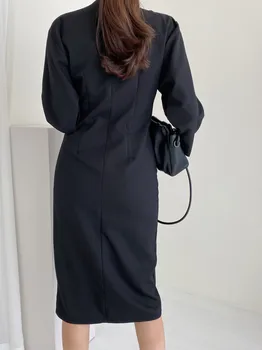 Nouă Femei Toamna Iarna Stil coreean Rochii Butoanele de Talie Mare Elegante Office Lady Solide Rochie Plisată